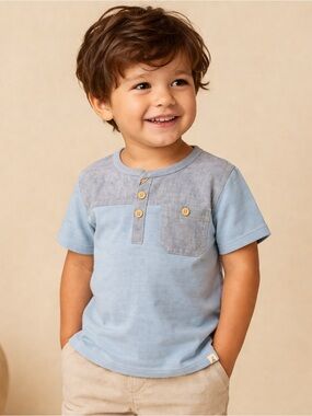 Me & Henry Toddler Blue Henley Shirt 3/4Y Chambray Pocket Top Boys
